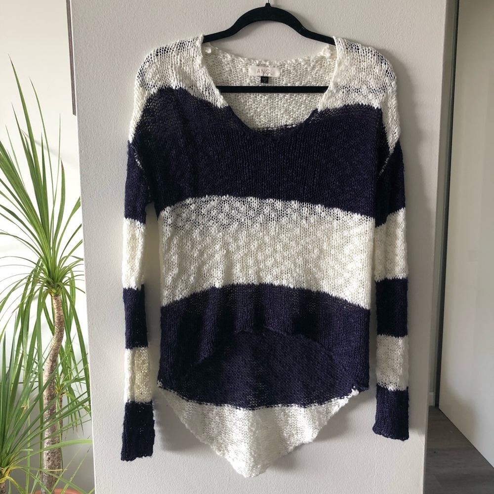 Blue and white striped high low sweater